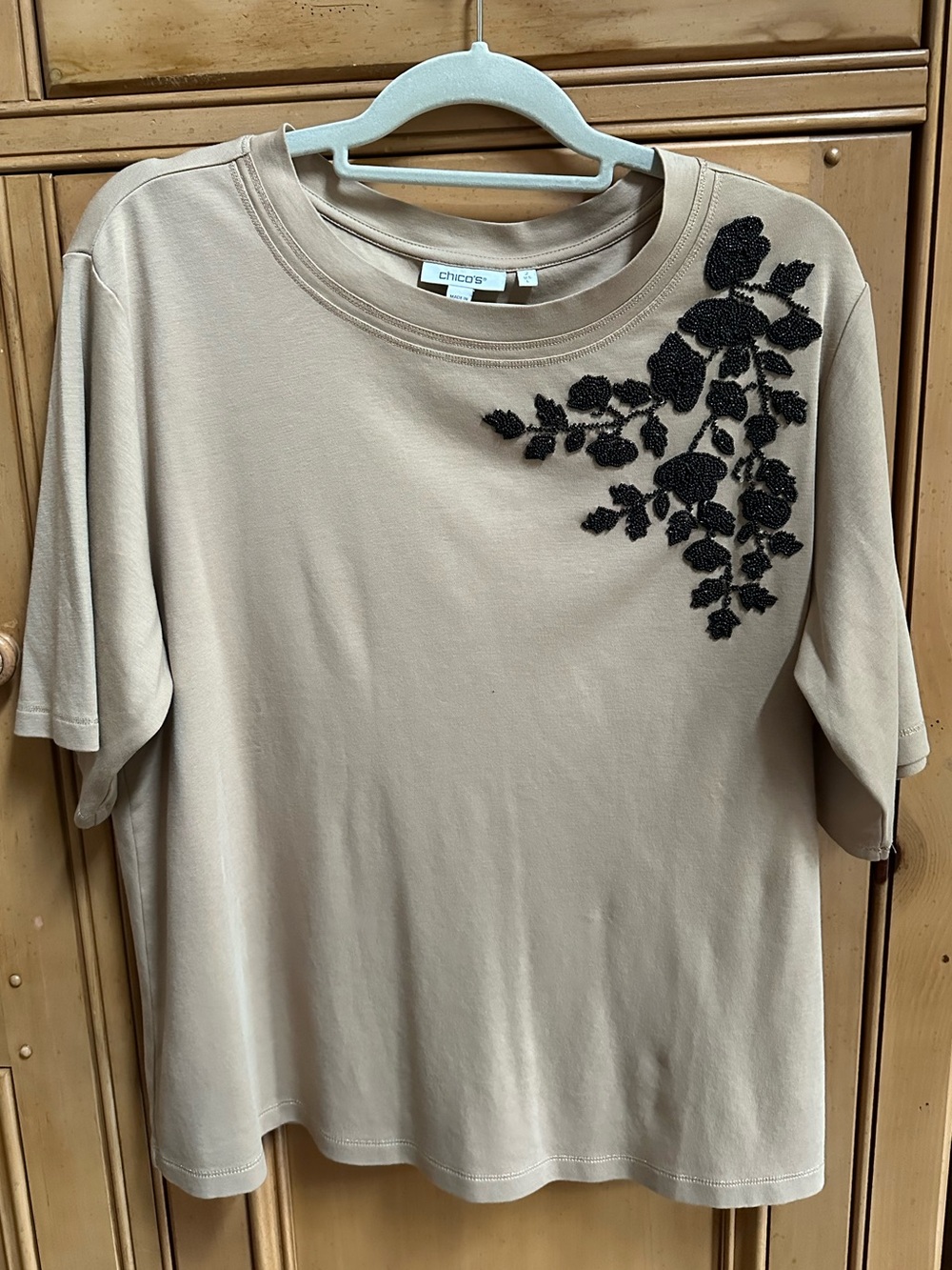 Chico’s 2 Large top supima cotton tan with black floral embellishments